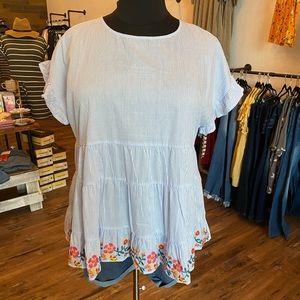 Striped top with embroidered flowers